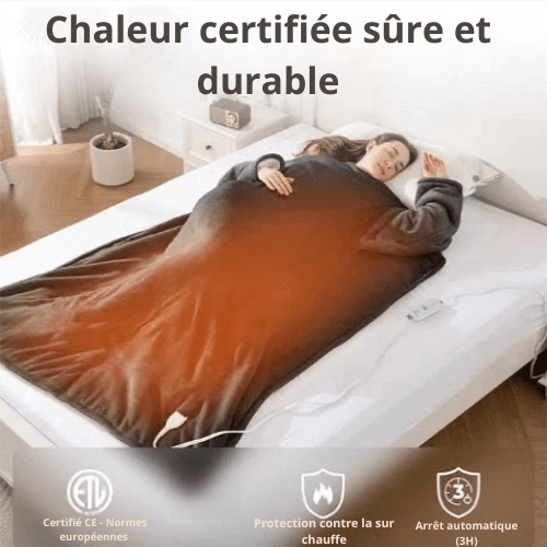 Plaid chauffant PlaidCozy sur un lit, offrant chaleur certifiée et sûre pour les journées froides.